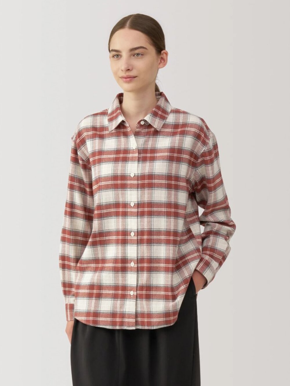 Muji NWOT Japandi Rust Cream Plaid Flannel Shirt Relaxed Oversized Fit Cotton M